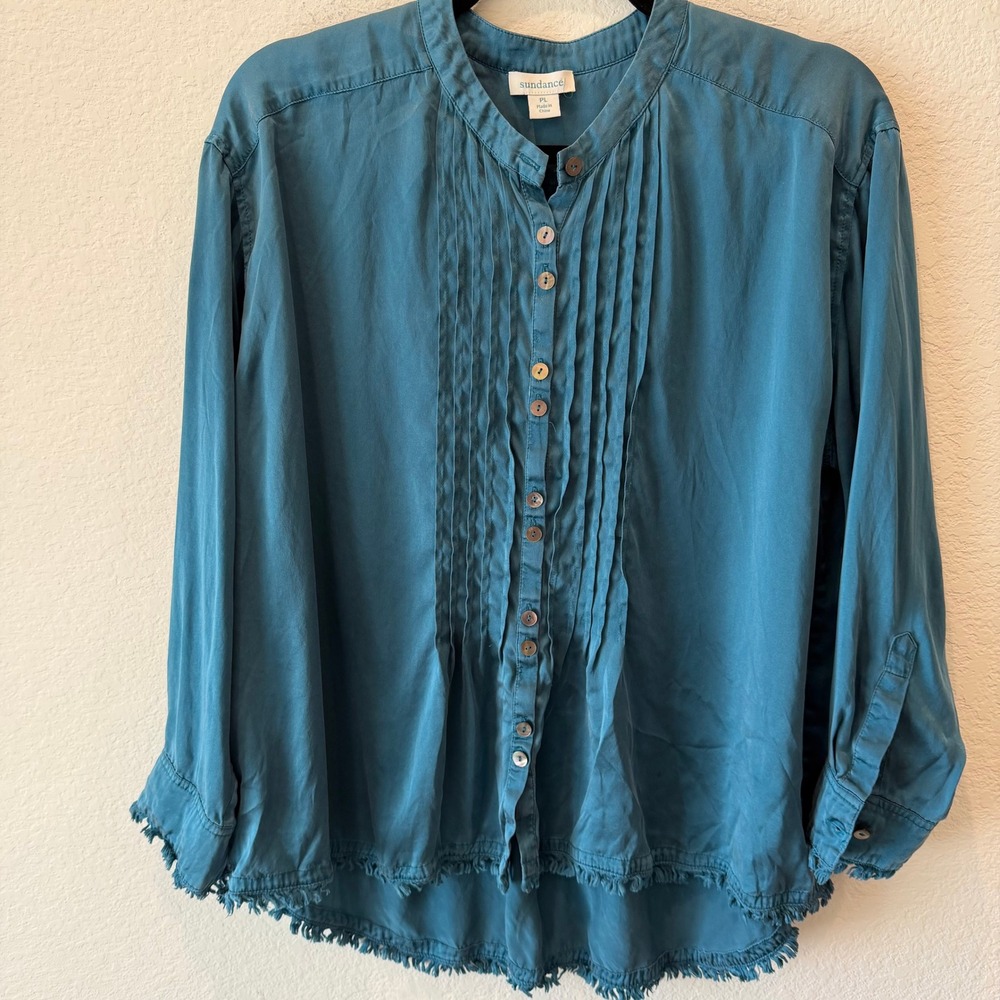 Sundance Teal Blue Pintuck Fringe Hem Button Down Blouse Top Petite Large PL